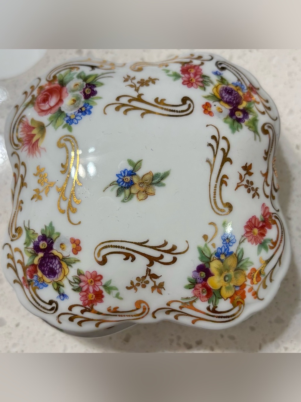 Vintage Floral Porcelain Trinket Box with Gold Scroll Accents